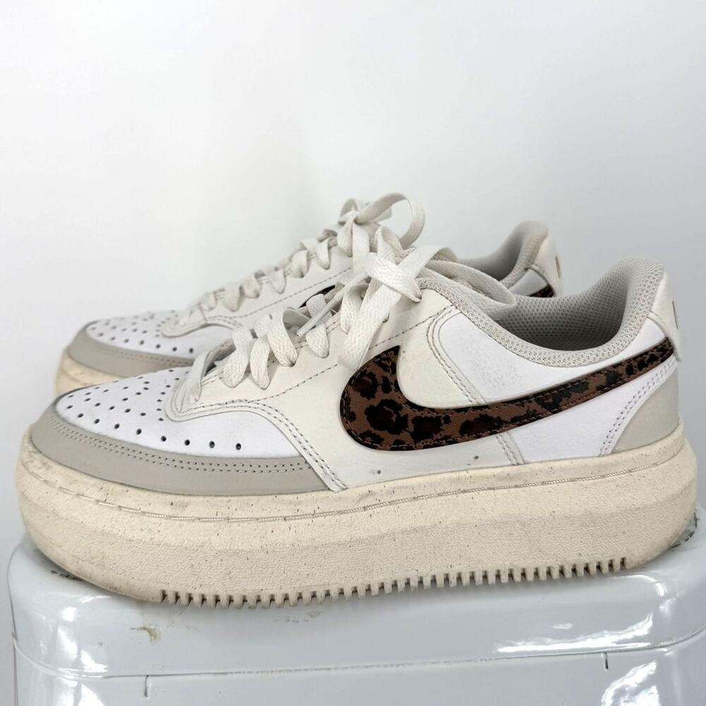 Nike Sneakers Court Vision Alta Women's Sports Shoes White Leopard Print Size 8